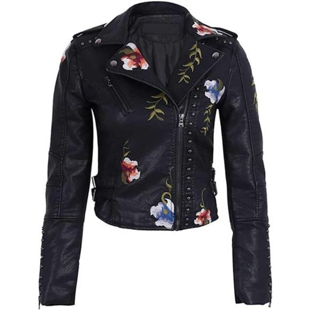 Black Floral Embroidered Studded Faux Leather Jacket Moto Bomber Jacket Coat - Picture 6 of 7